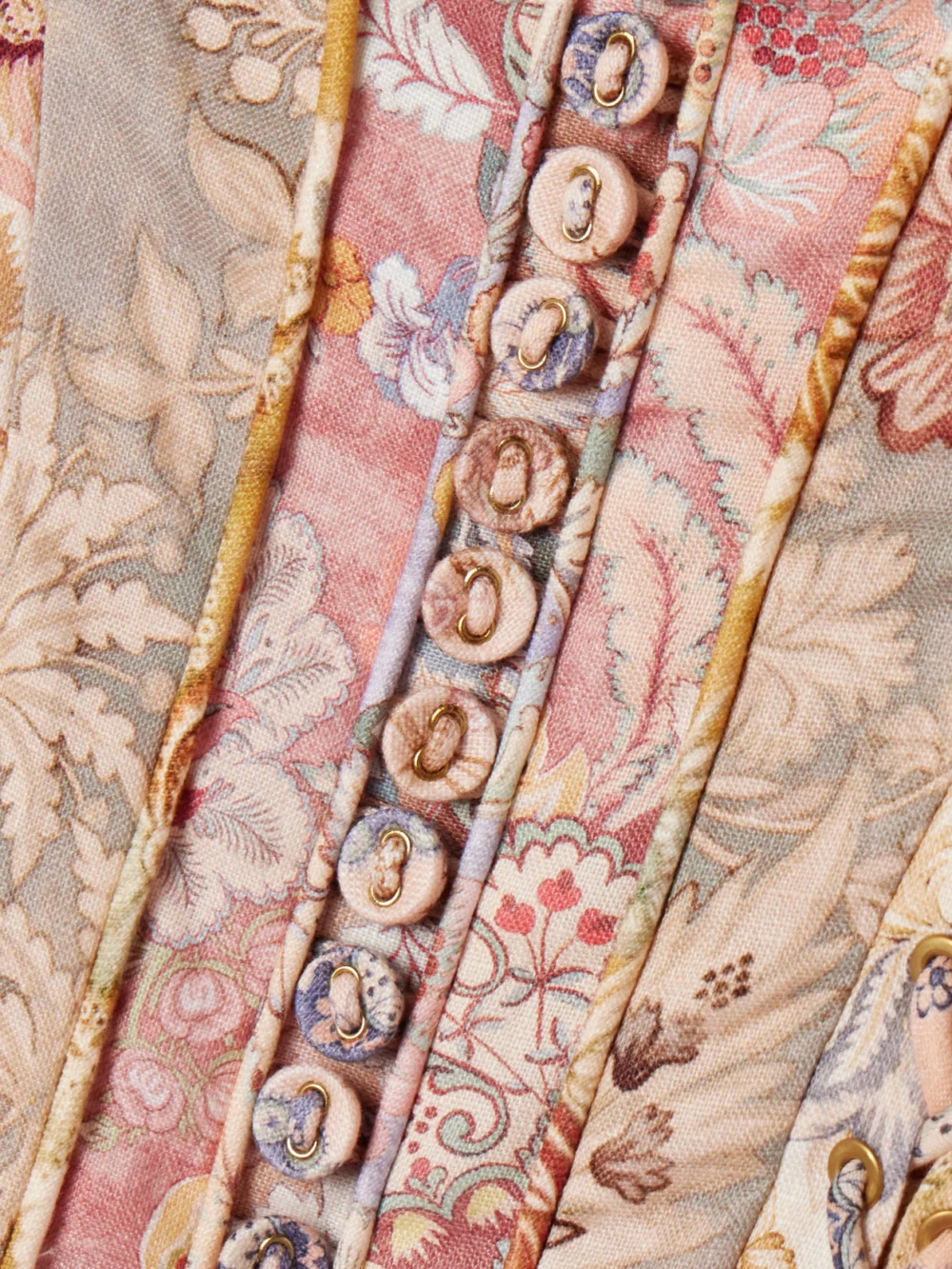 Close-up detail of the Zimmermann Rebellion Paneled Layered Printed Linen Maxi Dress