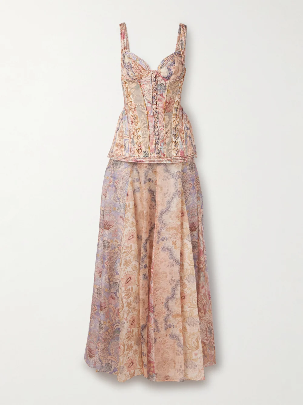 Zimmermann Rebellion Paneled Layered Printed Linen Maxi Dress in peach