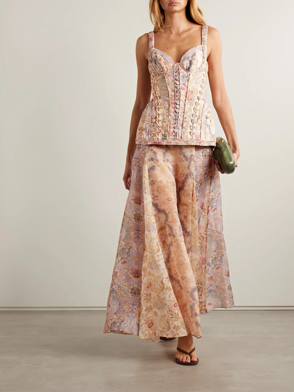 Zimmermann Rebellion Paneled Layered Printed Linen Maxi Dress, worn by a model