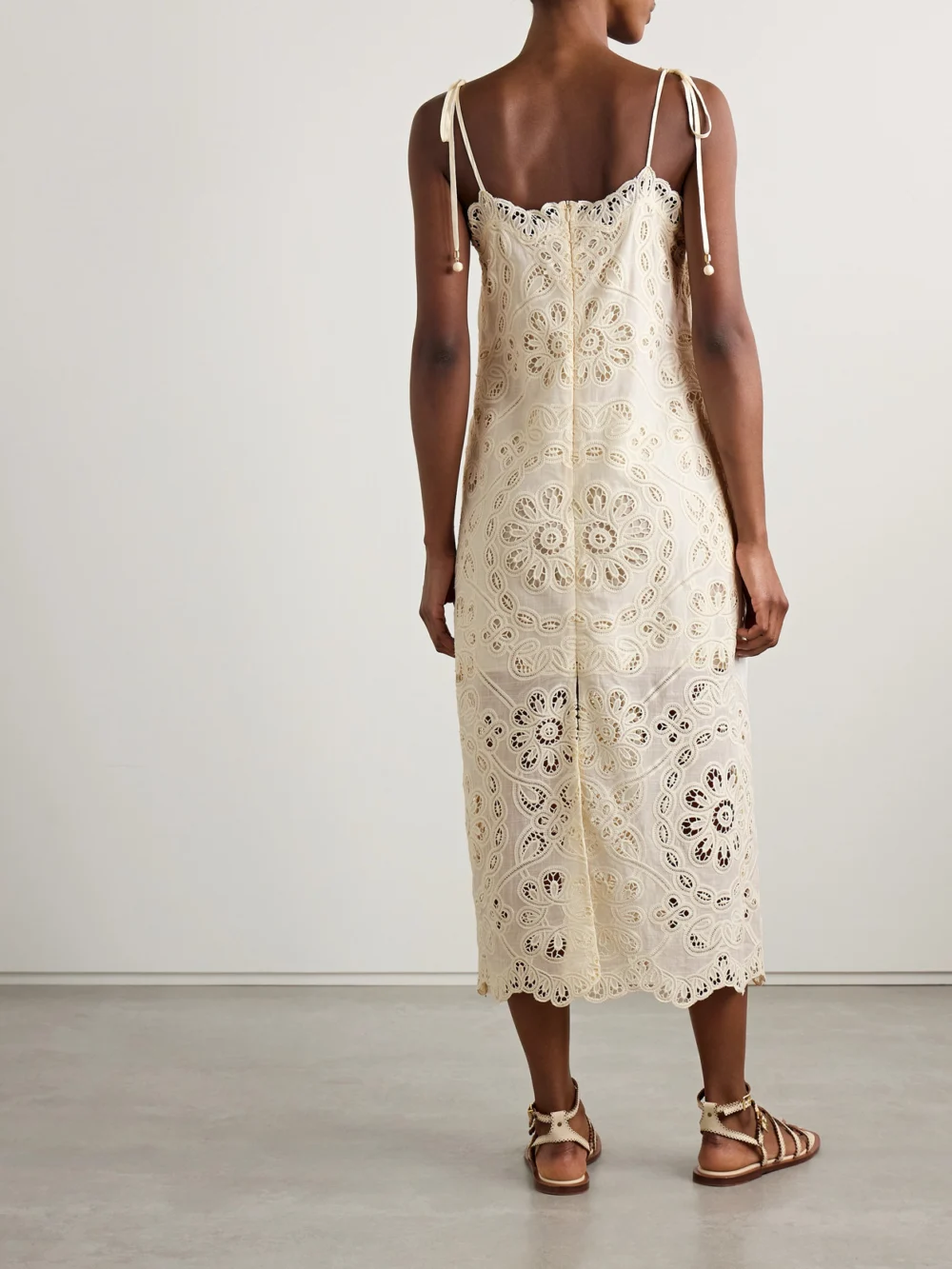 Back view of the Zimmermann Rhiannon Guipure Lace-trimmed Voile Midi Dress