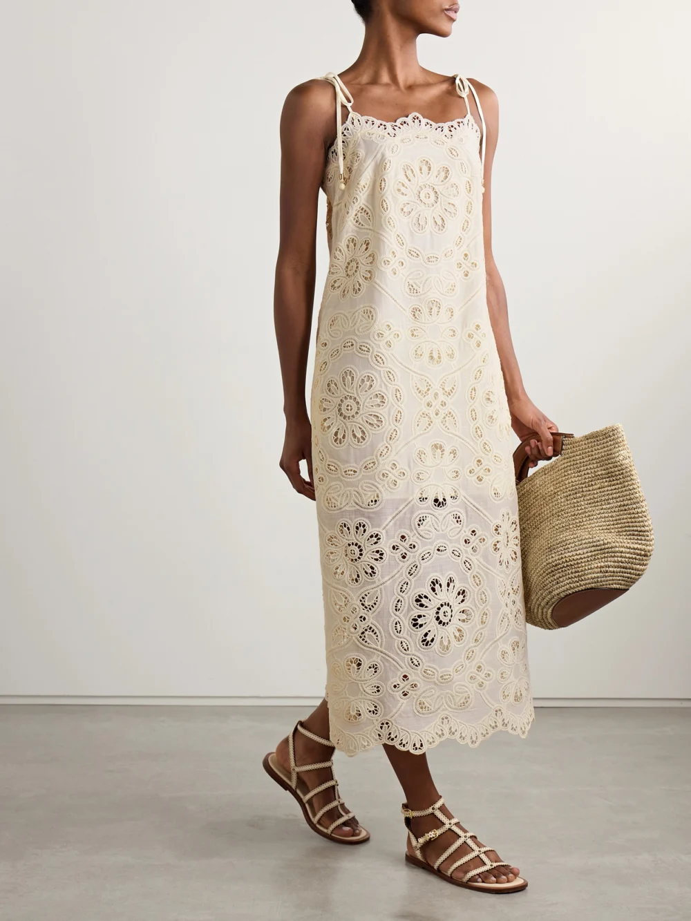 Zimmermann Rhiannon Guipure Lace-trimmed Voile Midi Dress, worn by a model
