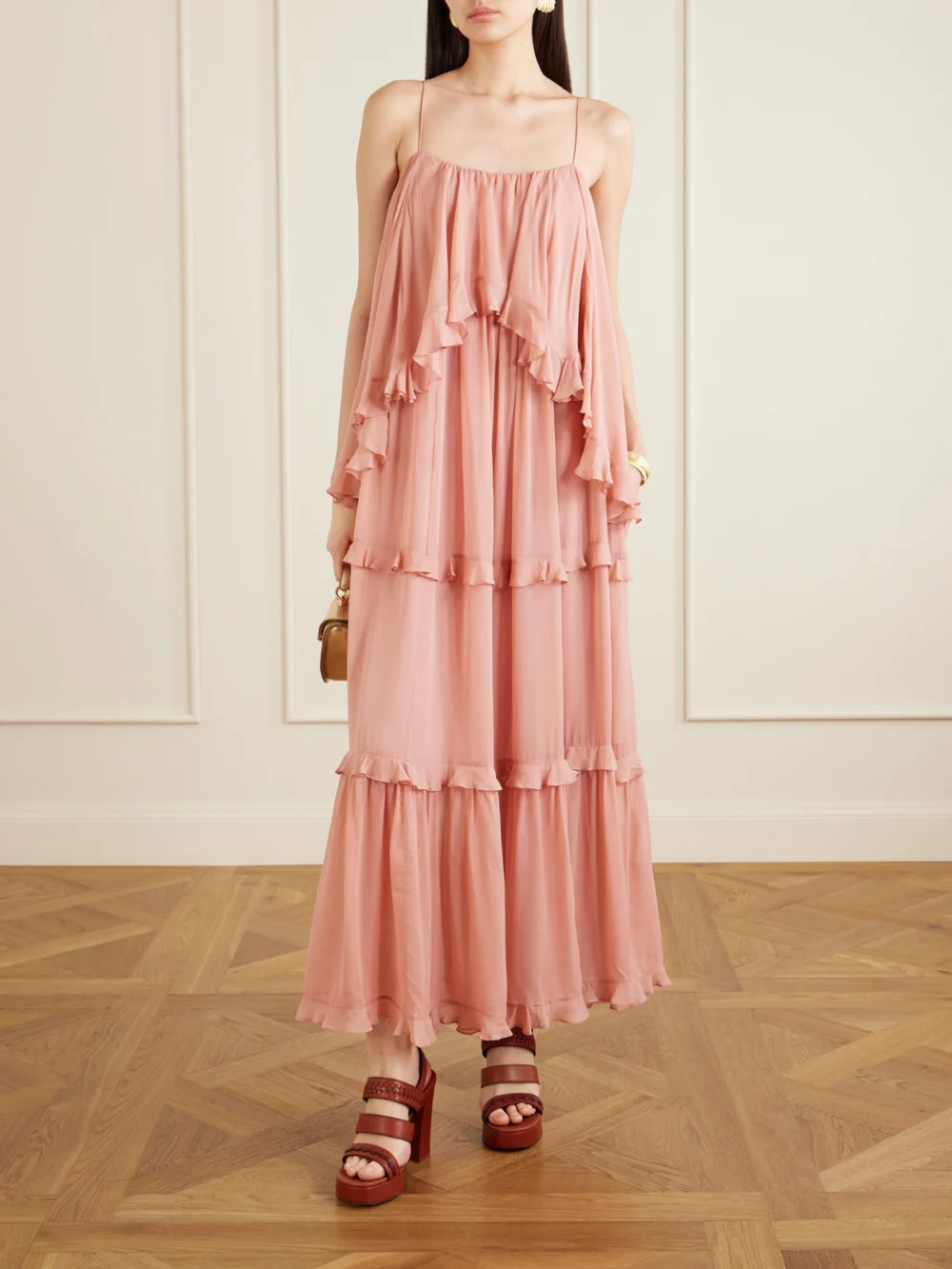 Zimmermann Ruffled Chiffon Maxi Dress, worn by a model