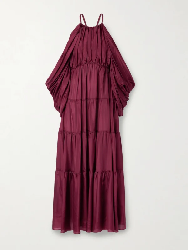 Zimmermann Tallow Cold-shoulder Pleated Tiered Silk-satin Maxi Dress