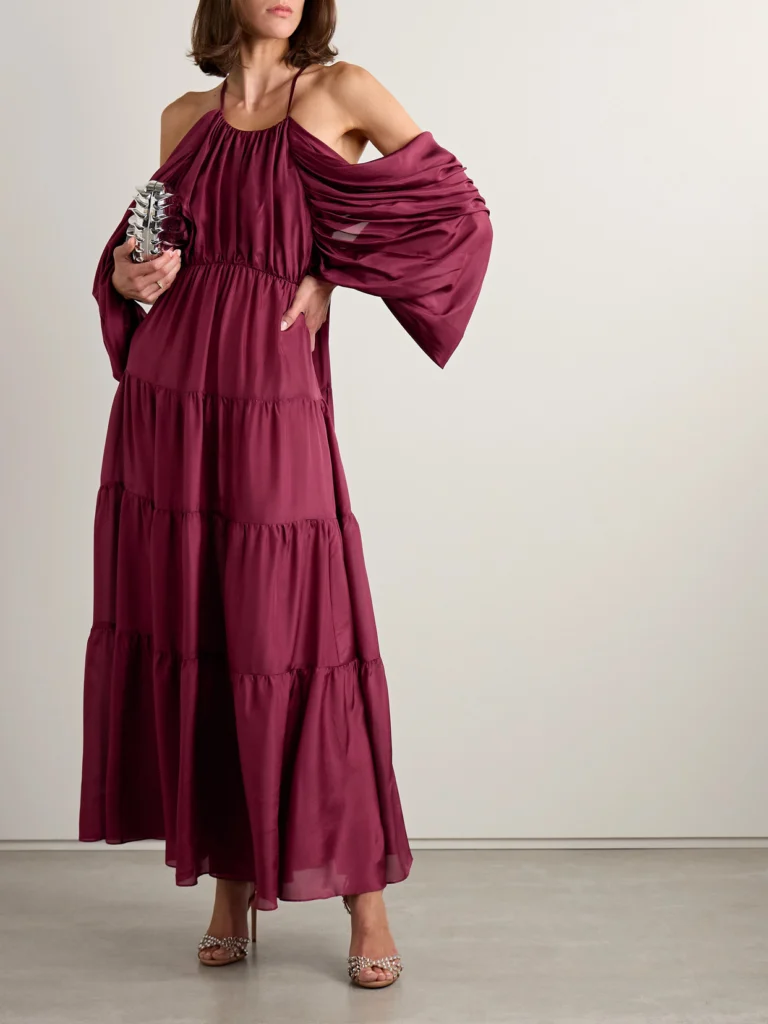 Zimmermann Tallow Cold-shoulder Pleated Tiered Silk-satin Maxi Dress