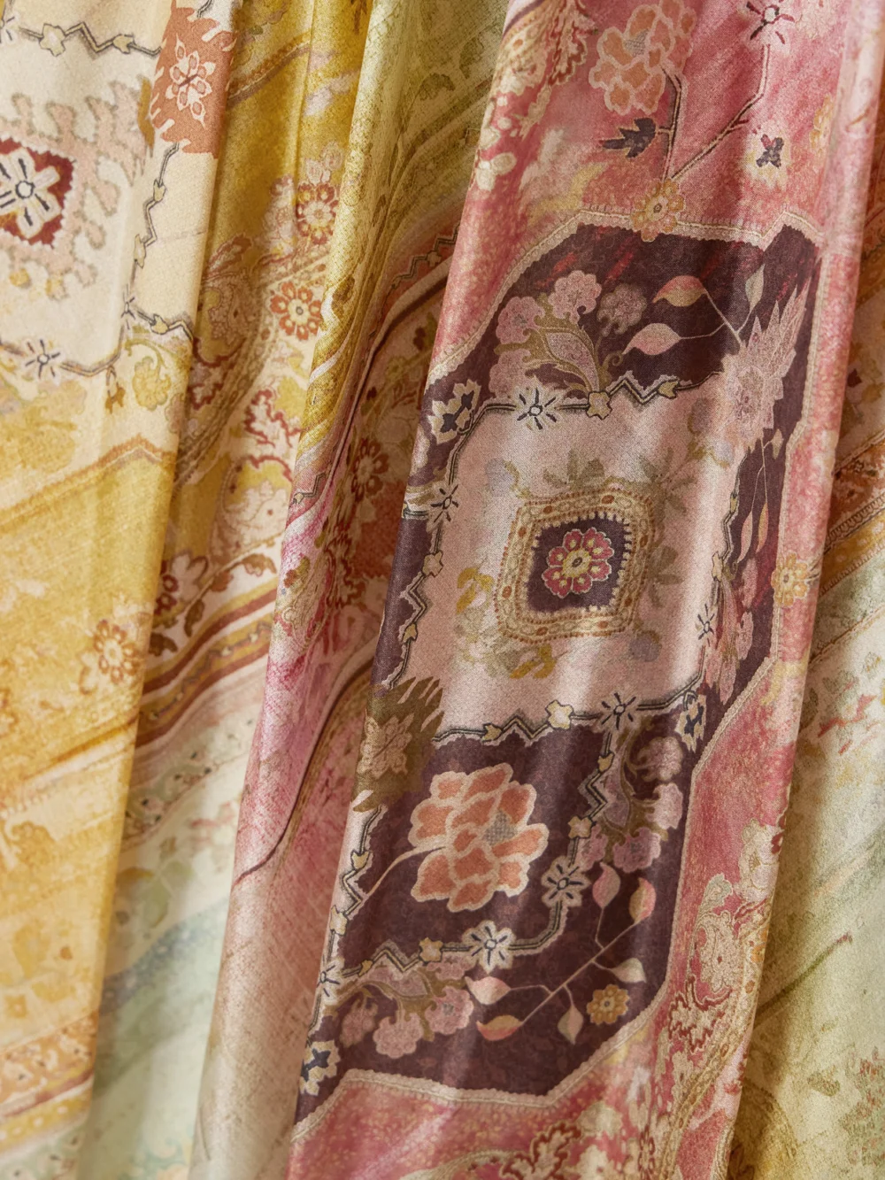 Close-up detail of the Zimmermann Tallow Ruffled Printed Silk Maxi Dress