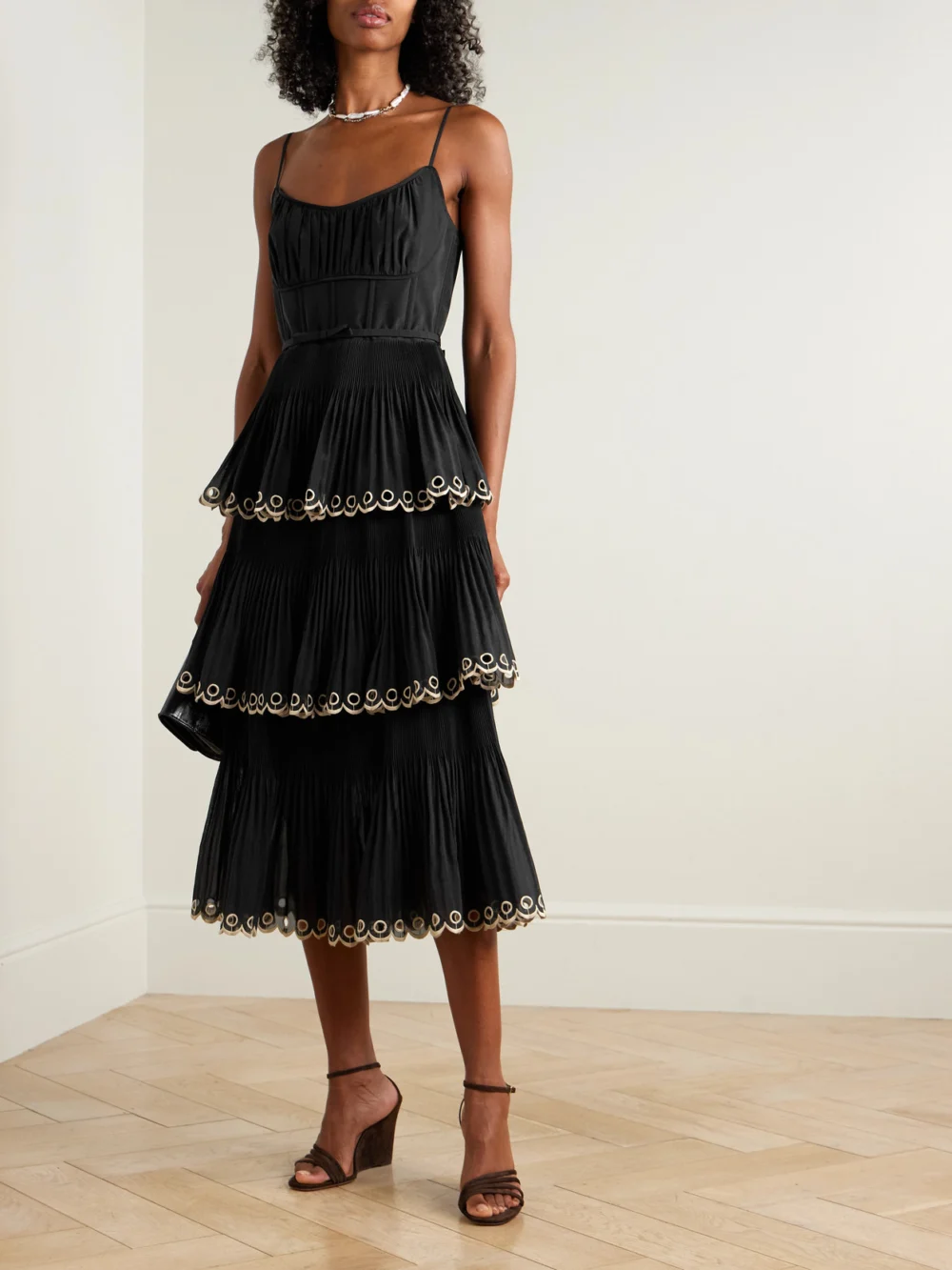 Zimmermann Tiered Embroidered Georgette Midi Dress, worn by a model