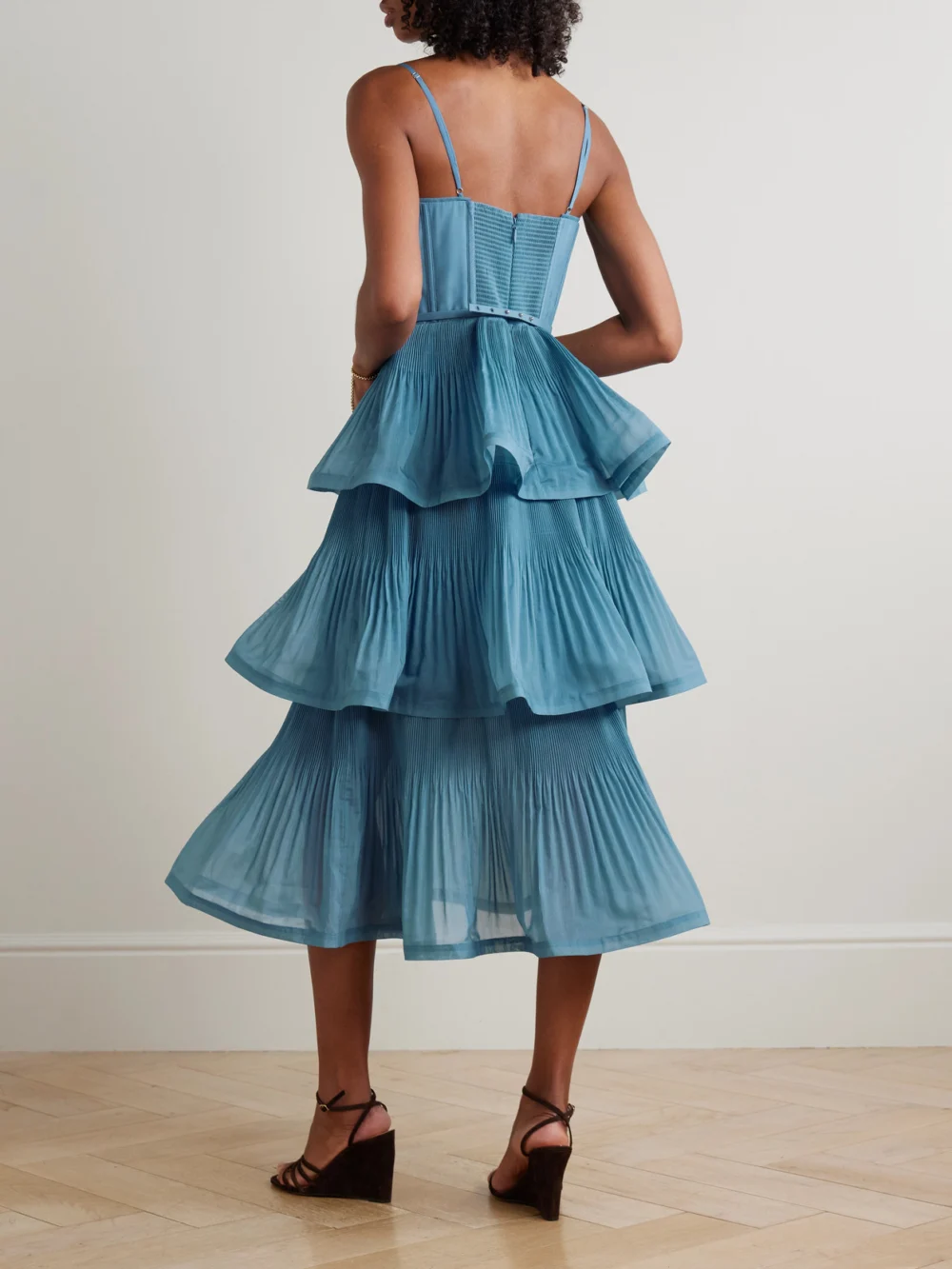 Back view of the Zimmermann Tiered Pleated Voile Midi Dress