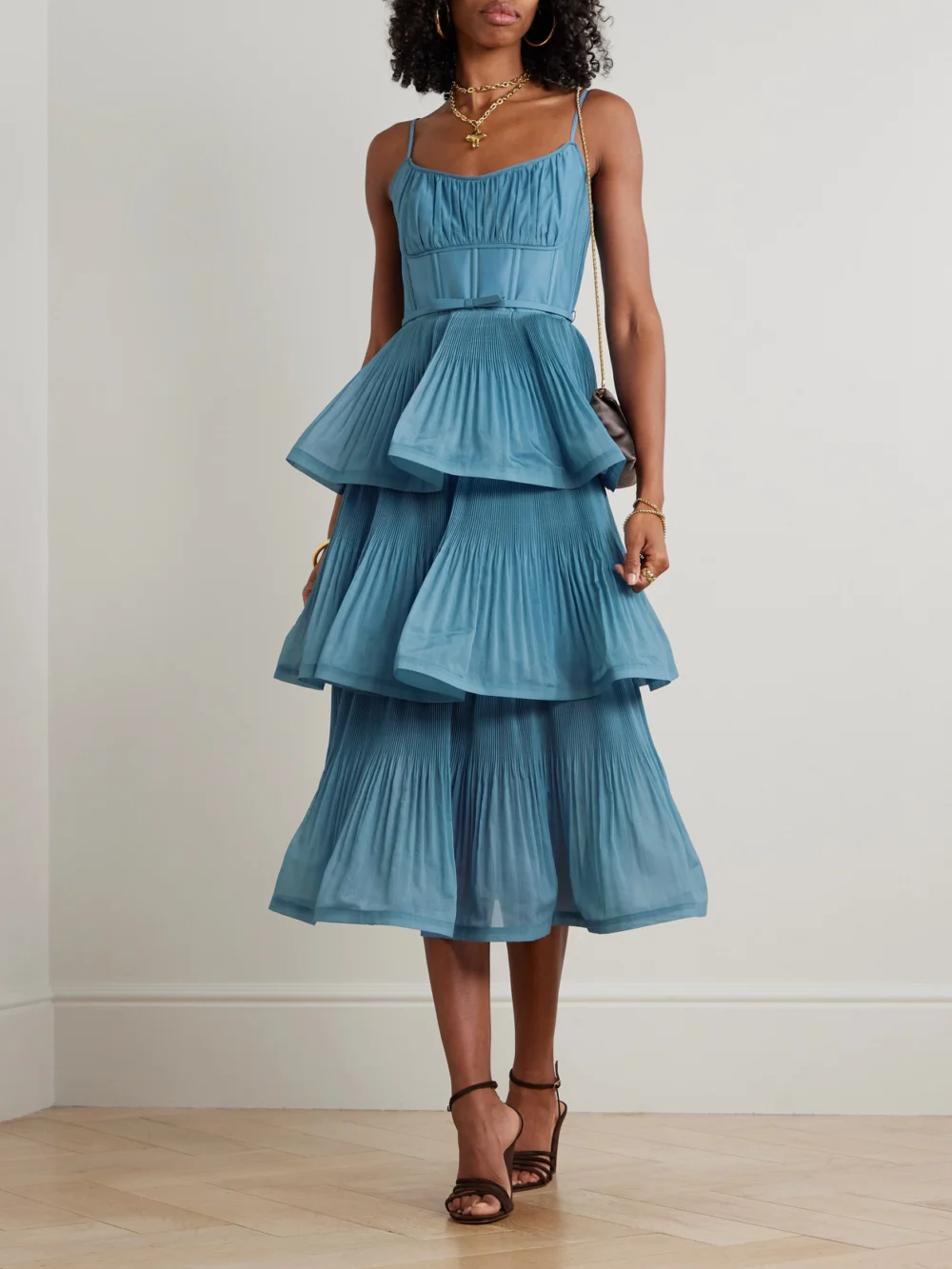 Zimmermann Tiered Pleated Voile Midi Dress, worn by a model