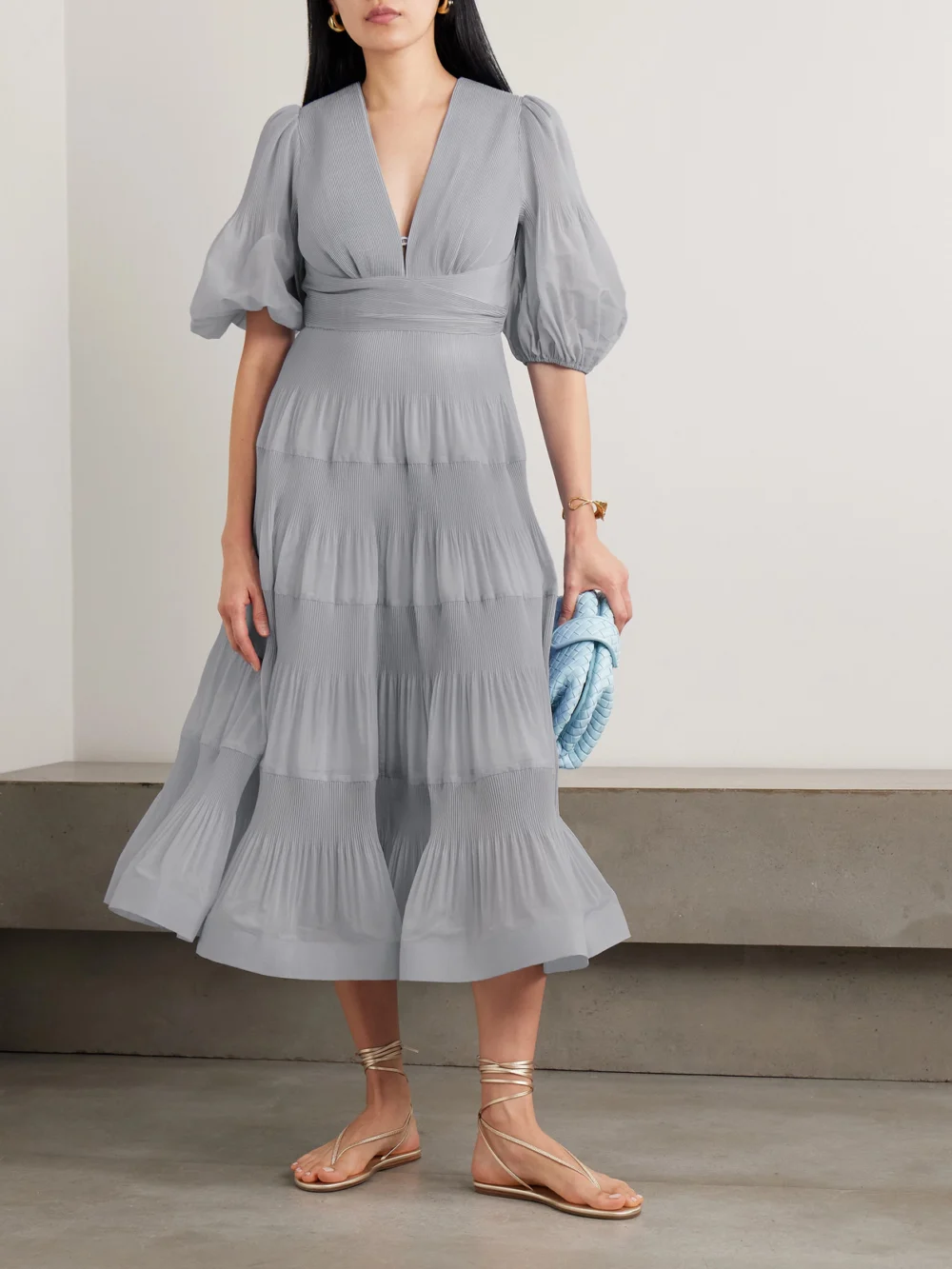 Zimmermann Tiered Plissé Silk-organza Midi Dress, worn by a model