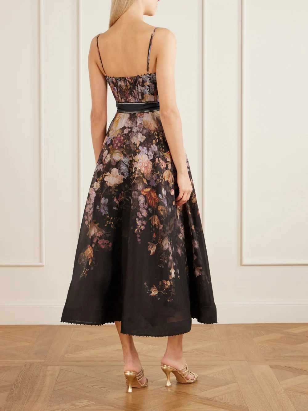 Back view of the Zimmermann Valiant Belted Floral-print Linen and Silk-blend Bustier Midi Dress