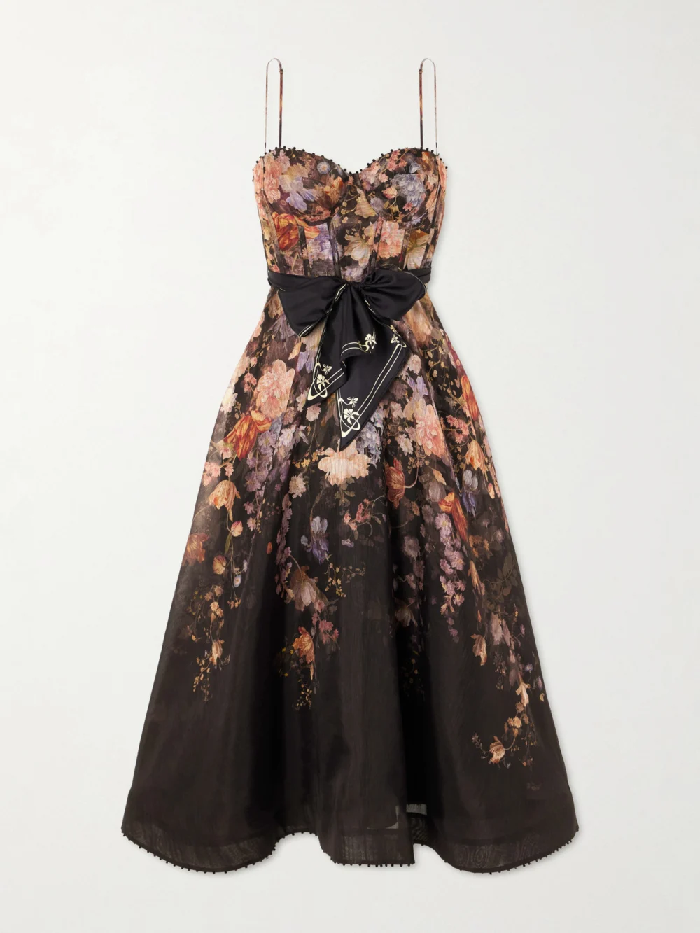 Zimmermann Valiant Belted Floral-print Linen and Silk-blend Bustier Midi Dress in black