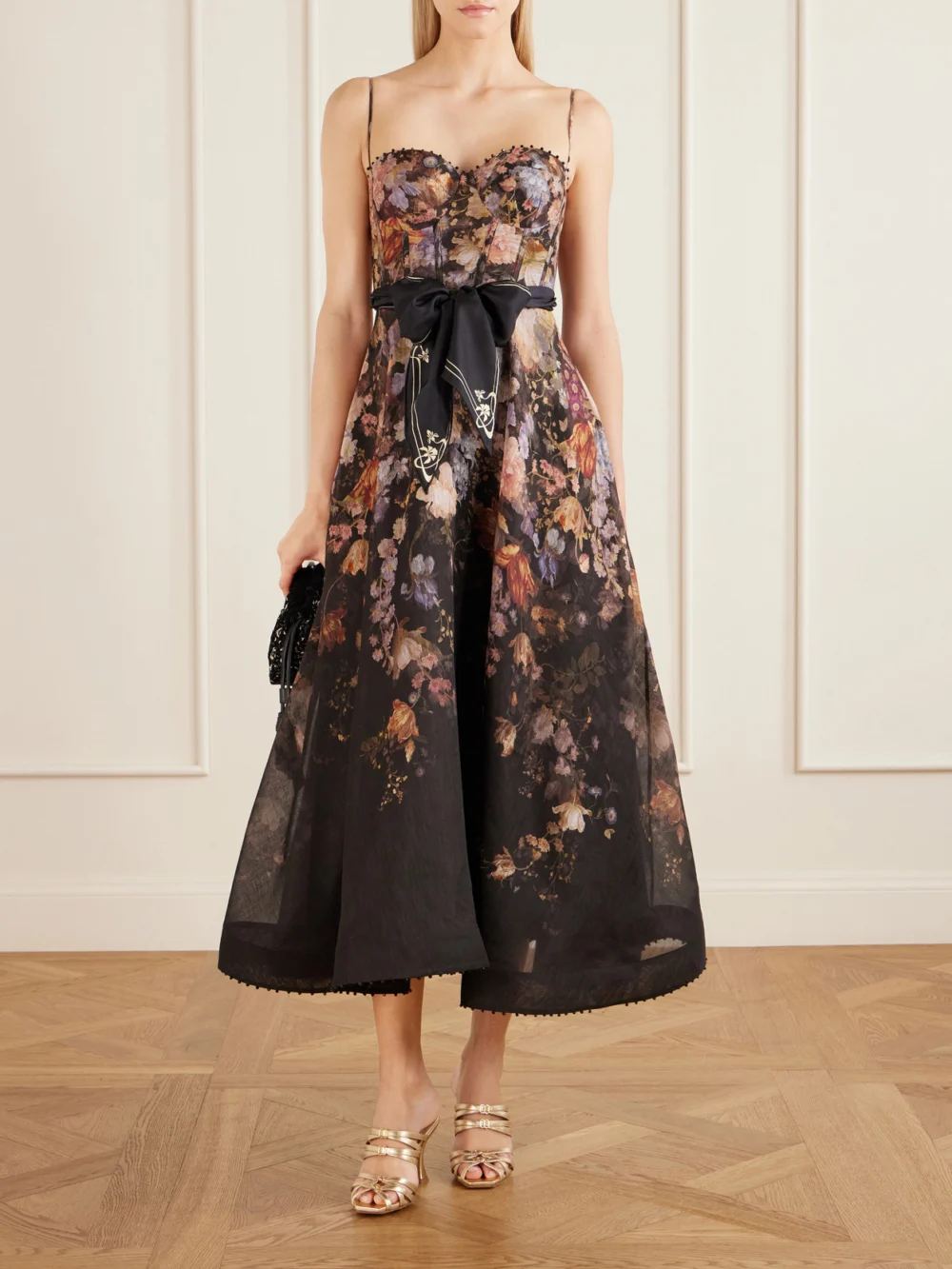 Zimmermann Valiant Belted Floral-print Linen and Silk-blend Bustier Midi Dress, worn by a model