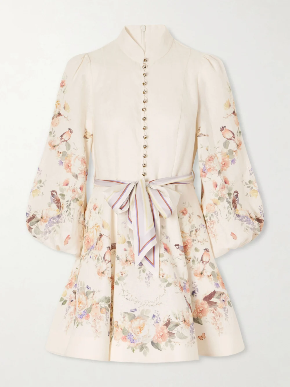Zimmermann Valiant Belted Floral-print Linen Mini Dress in cream