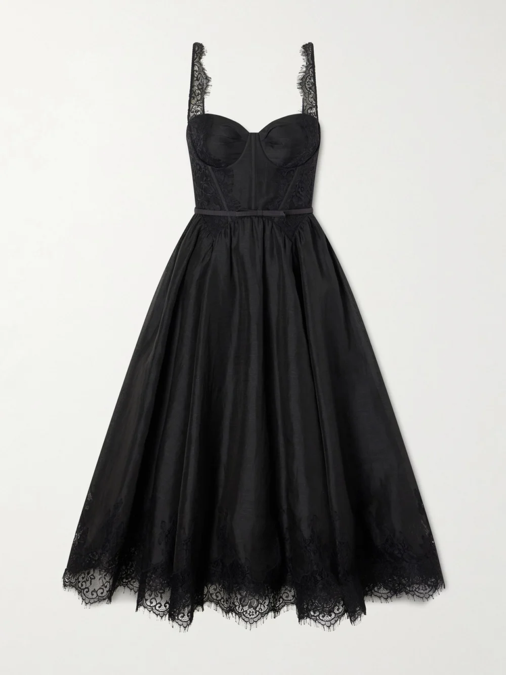 Zimmermann Valiant Belted Lace-trimmed Linen and Silk-blend Corset Midi Dress in black