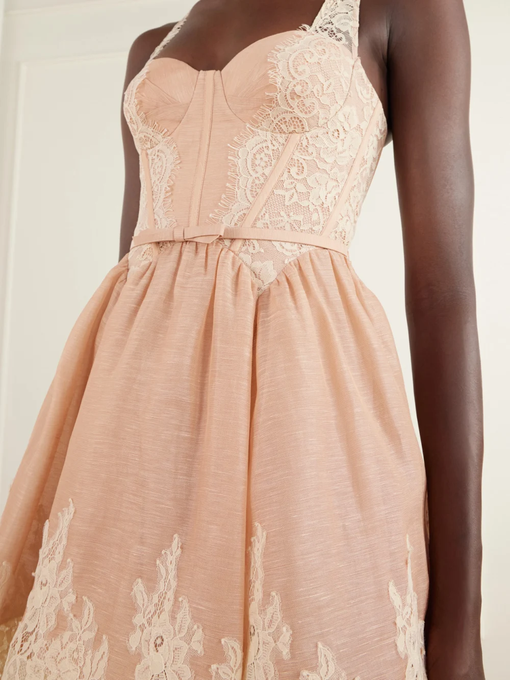 Close-up detail of the Zimmermann Valiant Belted Lace-trimmed Linen and Silk-blend Corset Mini Dress