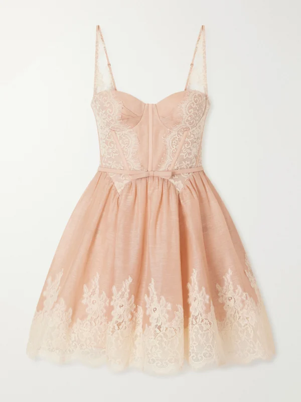 Zimmermann Valiant Belted Lace-trimmed Linen and Silk-blend Corset Mini Dress