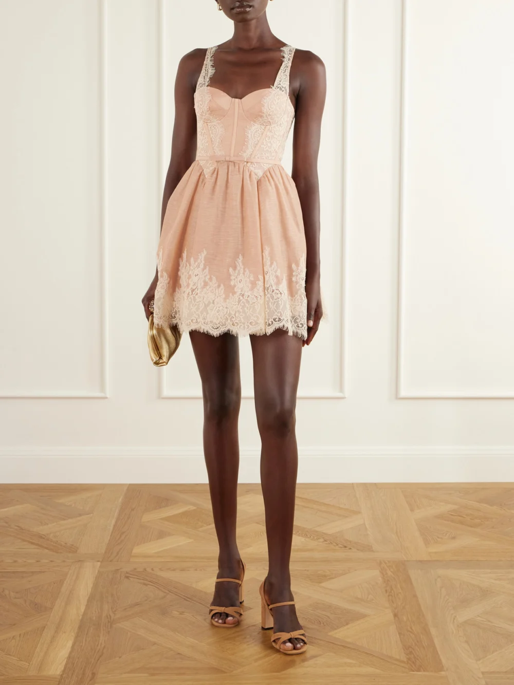 Zimmermann Valiant Belted Lace-trimmed Linen and Silk-blend Corset Mini Dress, worn by a model