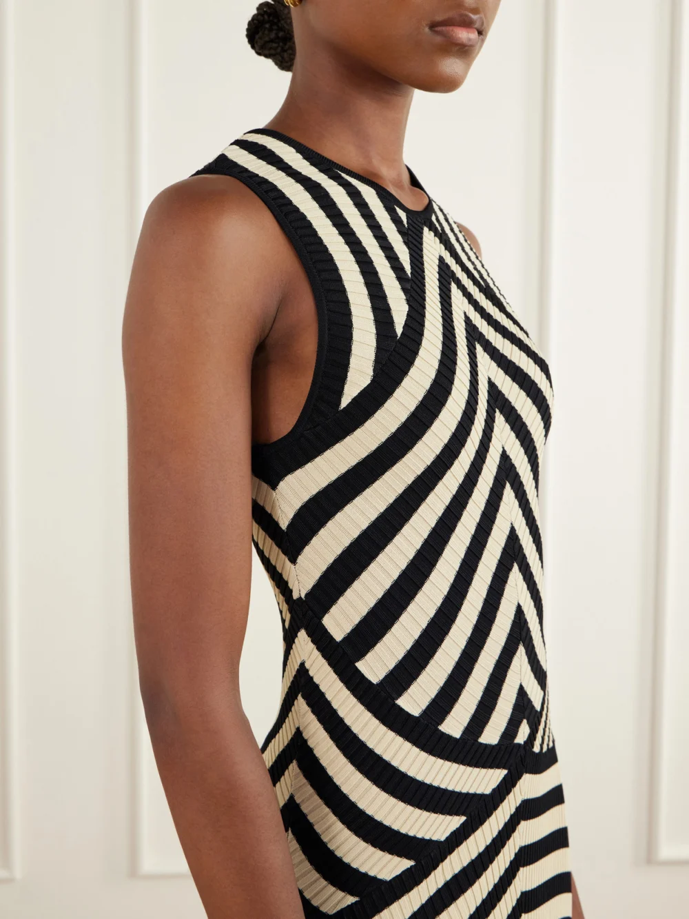 Close-up detail of the Zimmermann Valiant Deco Striped Ribbed Jersey Midi Dress