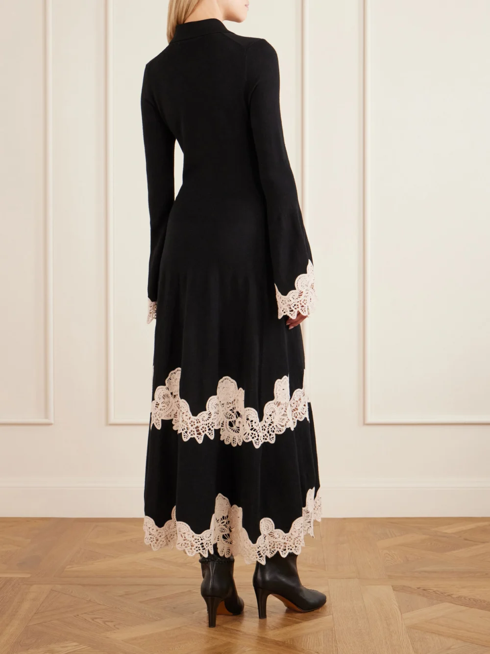 Back view of the Zimmermann Valiant Lace-trimmed Merino Wool Midi Dress