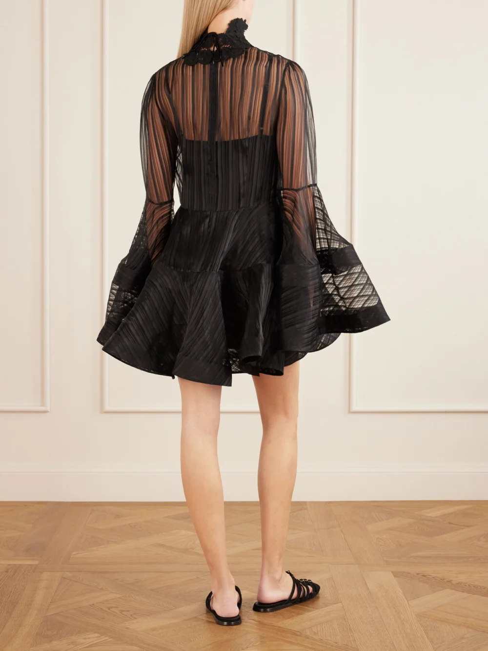 Back view of the Zimmermann Valiant Lantern Silk-chiffon Mini Dress