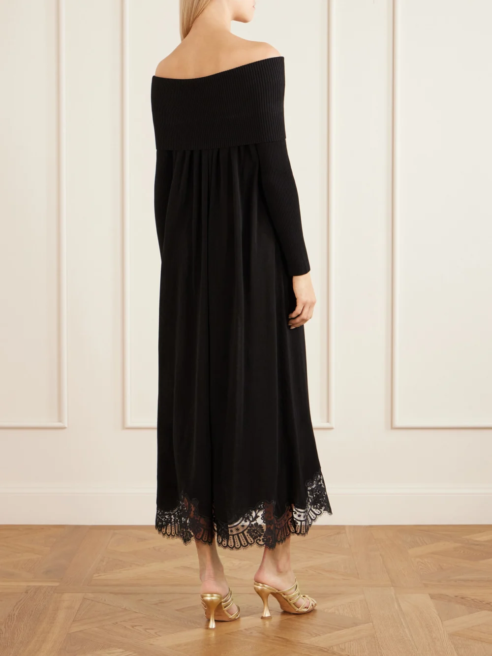 Back view of the Zimmermann Valiant Off-the-shoulder Lace-trimmed Tencel®-blend Maxi Dress