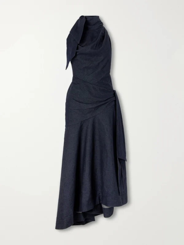 Zimmermann Valiant Open-back Asymmetric Draped Denim Maxi Dress