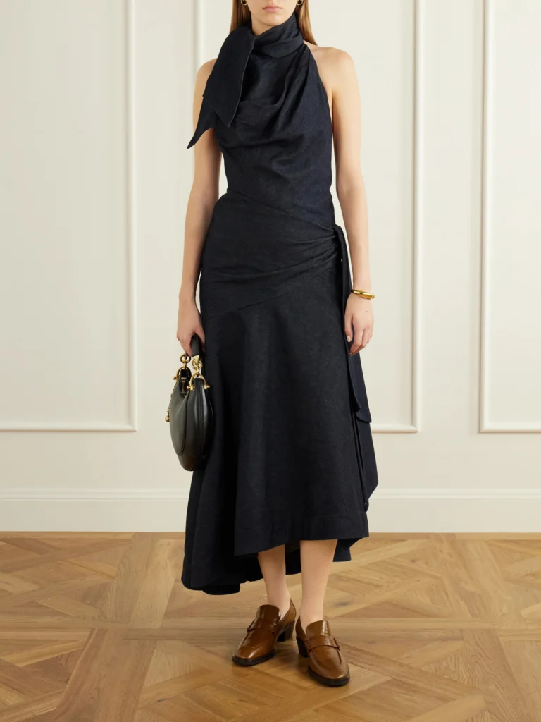 Zimmermann Valiant Open-back Asymmetric Draped Denim Maxi Dress
