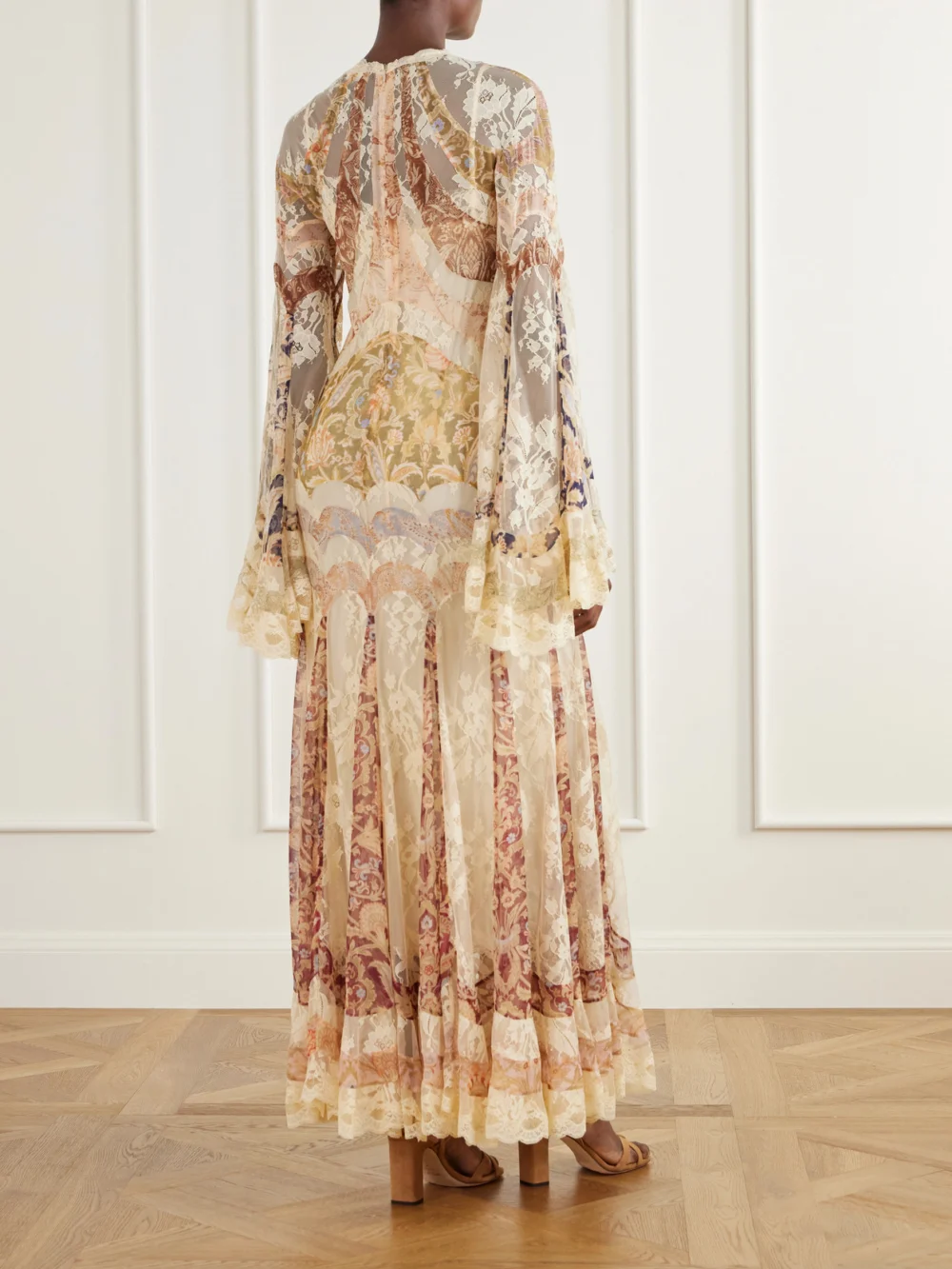 Back view of the Zimmermann Valiant Paneled Printed Lace-trimmed Chiffon Maxi Dress