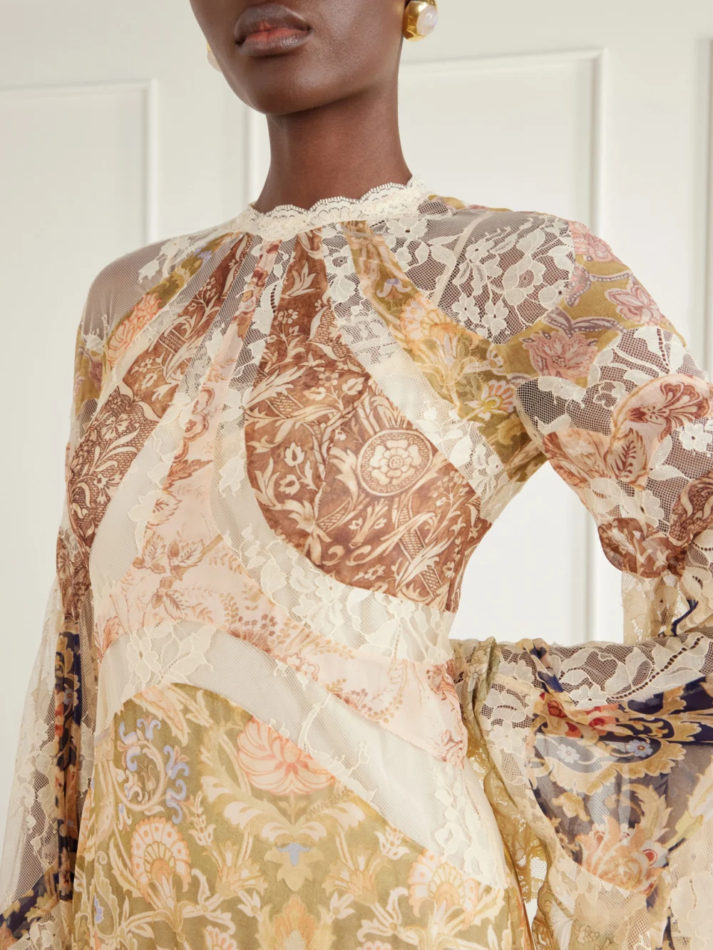 Close-up detail of the Zimmermann Valiant Paneled Printed Lace-trimmed Chiffon Maxi Dress