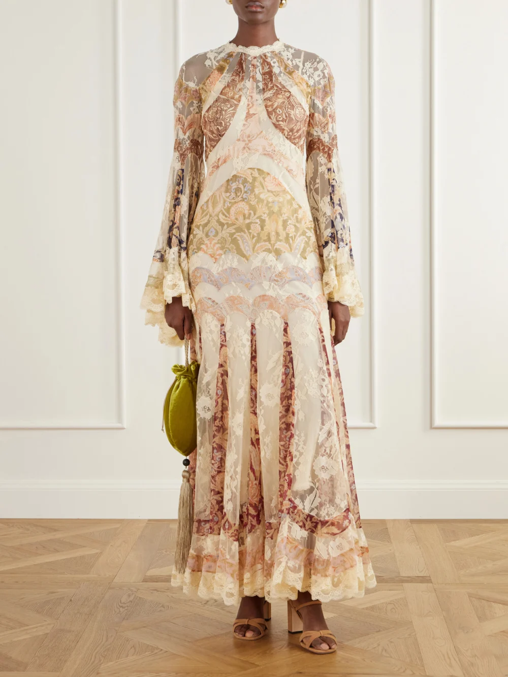 Zimmermann Valiant Paneled Printed Lace-trimmed Chiffon Maxi Dress, worn by a model