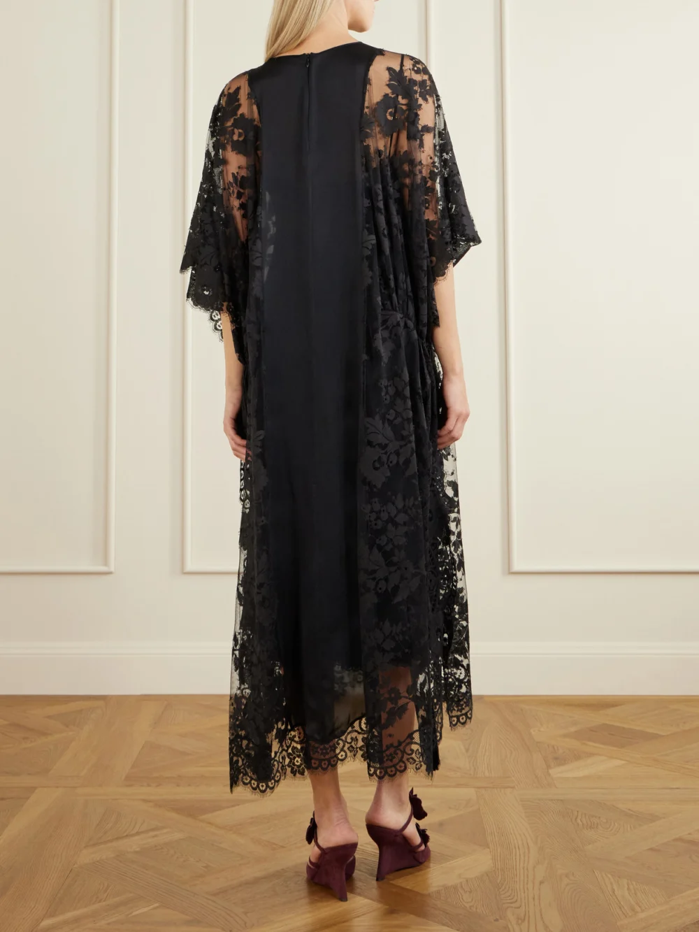 Back view of the Zimmermann Valiant Satin-trimmed Lace Midi Dress