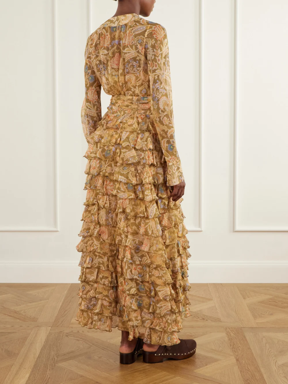 Back view of the Zimmermann Valiant Tiered Ruffled Floral-print Silk-chiffon Wrap Maxi Dress