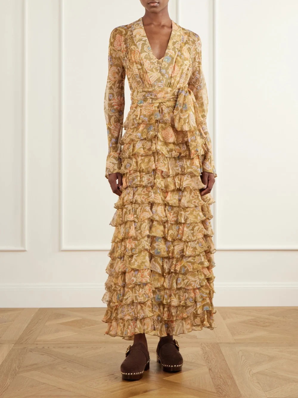Zimmermann Valiant Tiered Ruffled Floral-print Silk-chiffon Wrap Maxi Dress, styled view