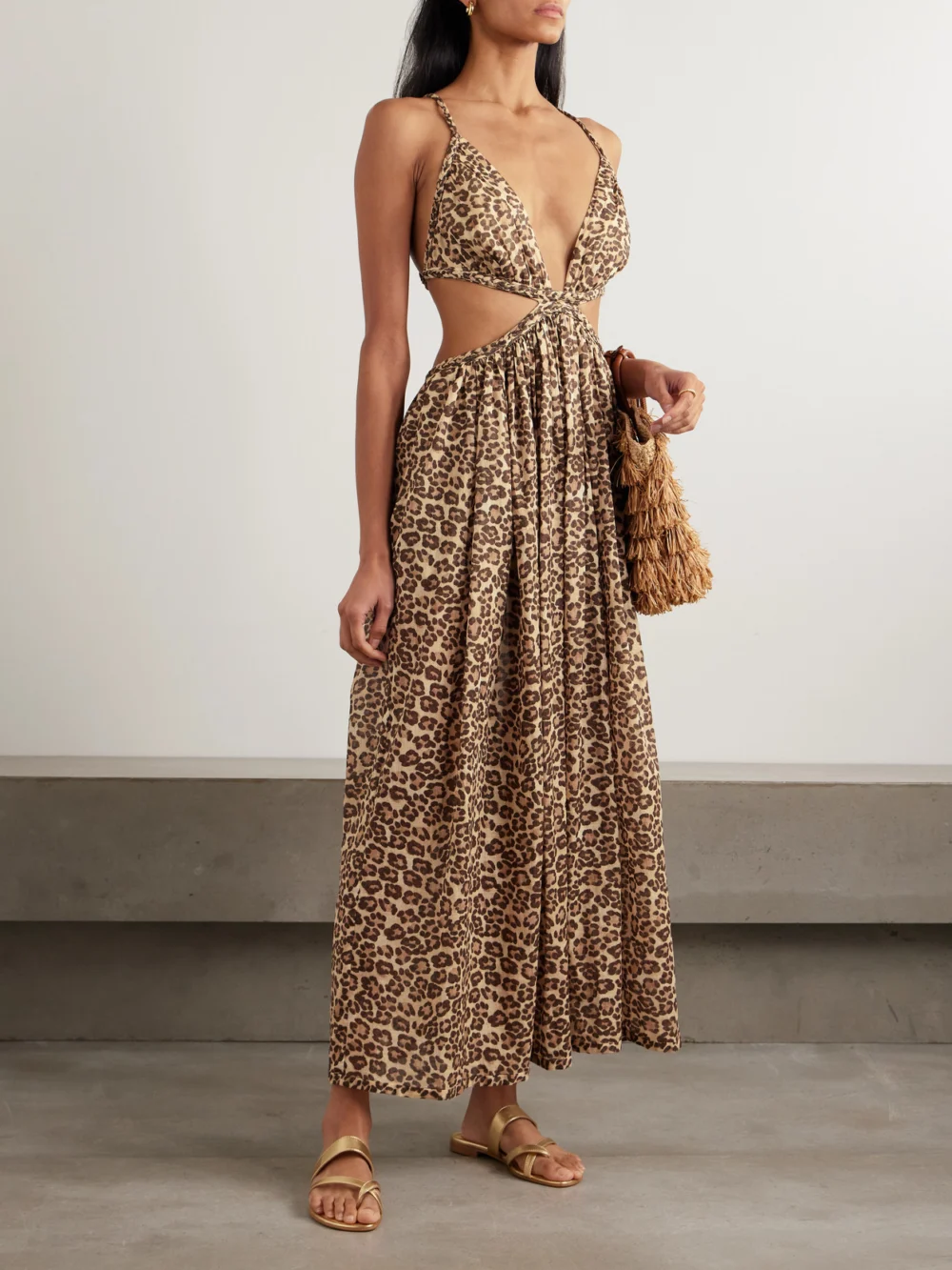 Zimmermann Wanderlust Cutout Leopard-print Cotton-voile Maxi Dress, worn by a model