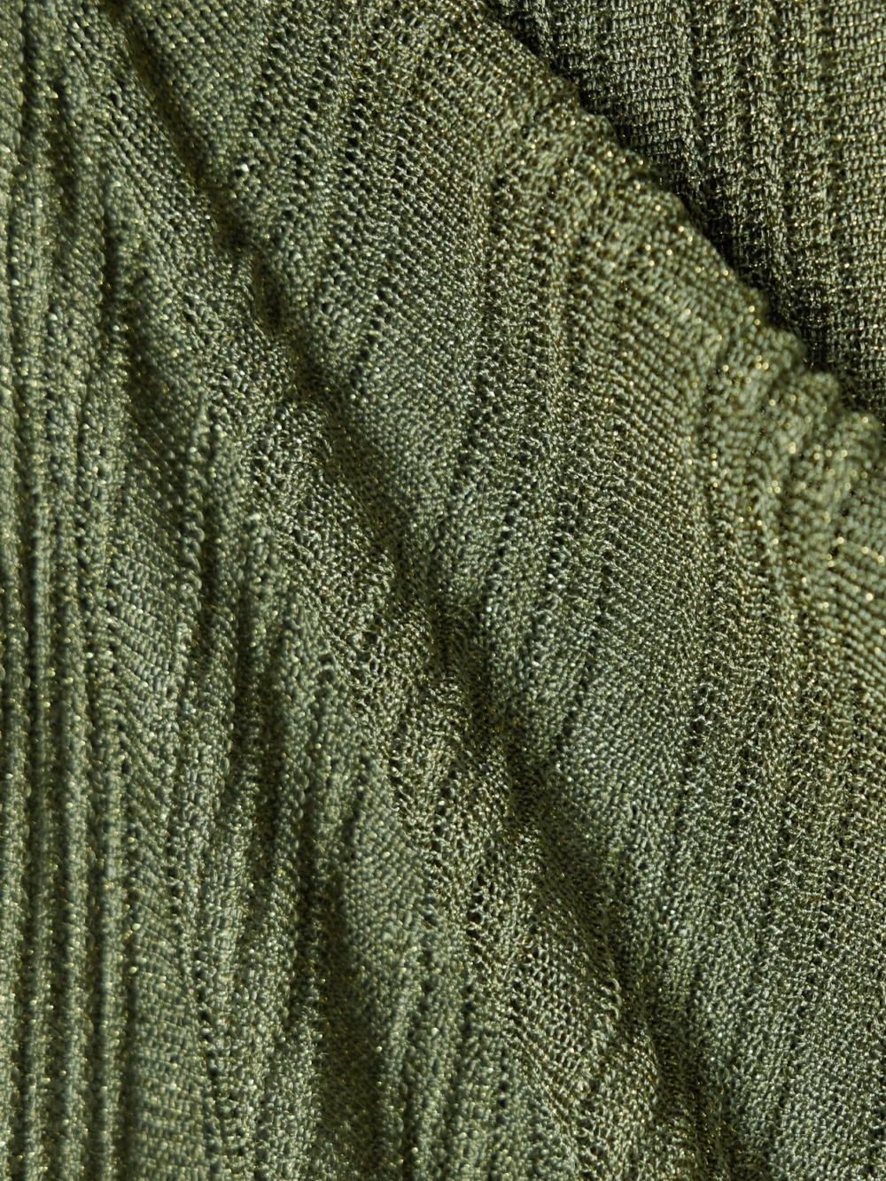 Close-up detail of the Zimmermann Wanderlust Metallic Ribbed-knit Maxi Dress