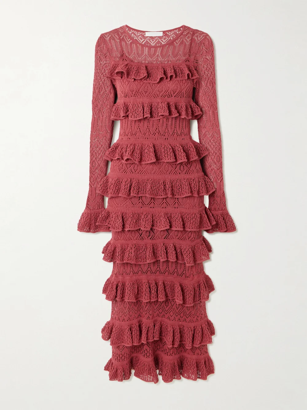 Zimmermann Wanderlust Ruffled Open-knit Maxi Dress in brick