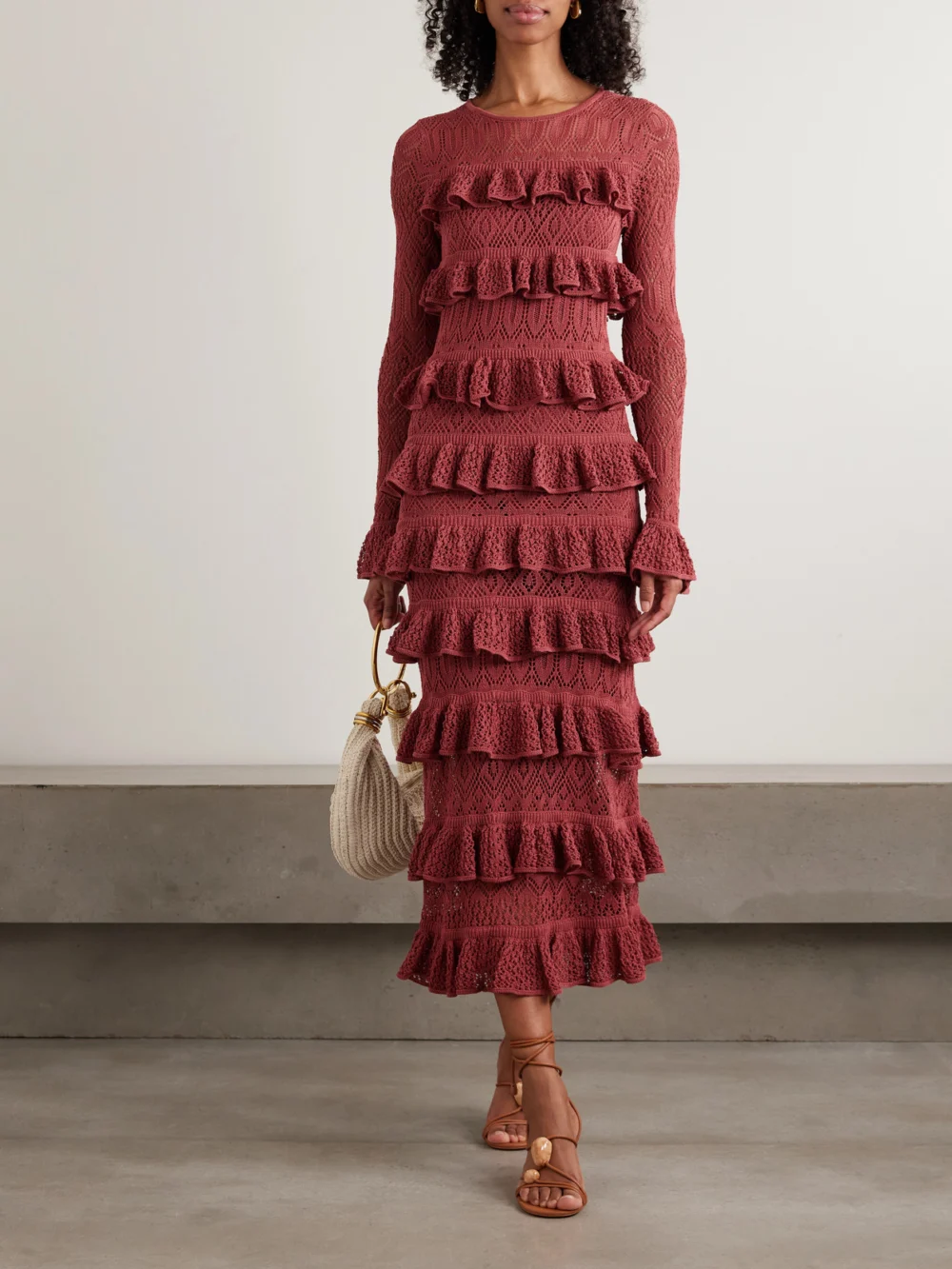Zimmermann Wanderlust Ruffled Open-knit Maxi Dress, worn by a model