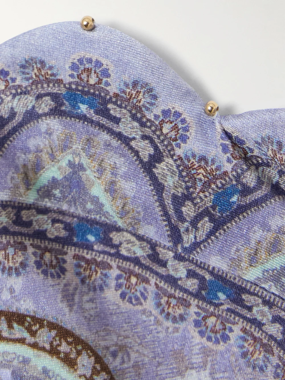 Close-up detail of the Zimmermann Wanderlust Strapless Embellished Paisley-print Bikini Top