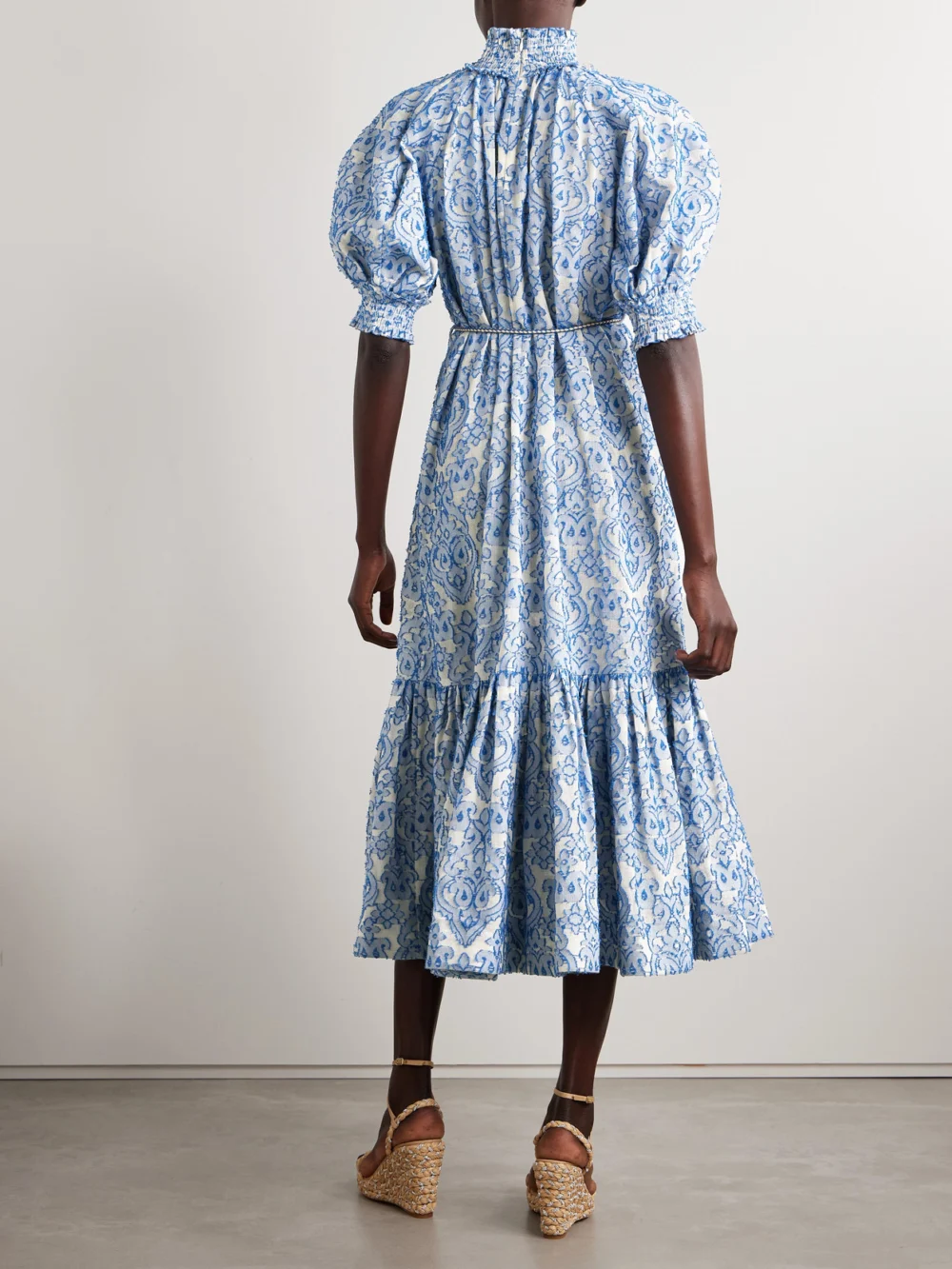 Back view of the Zimmermann Wylie Belted Tiered Embroidered Cotton Midi Dress