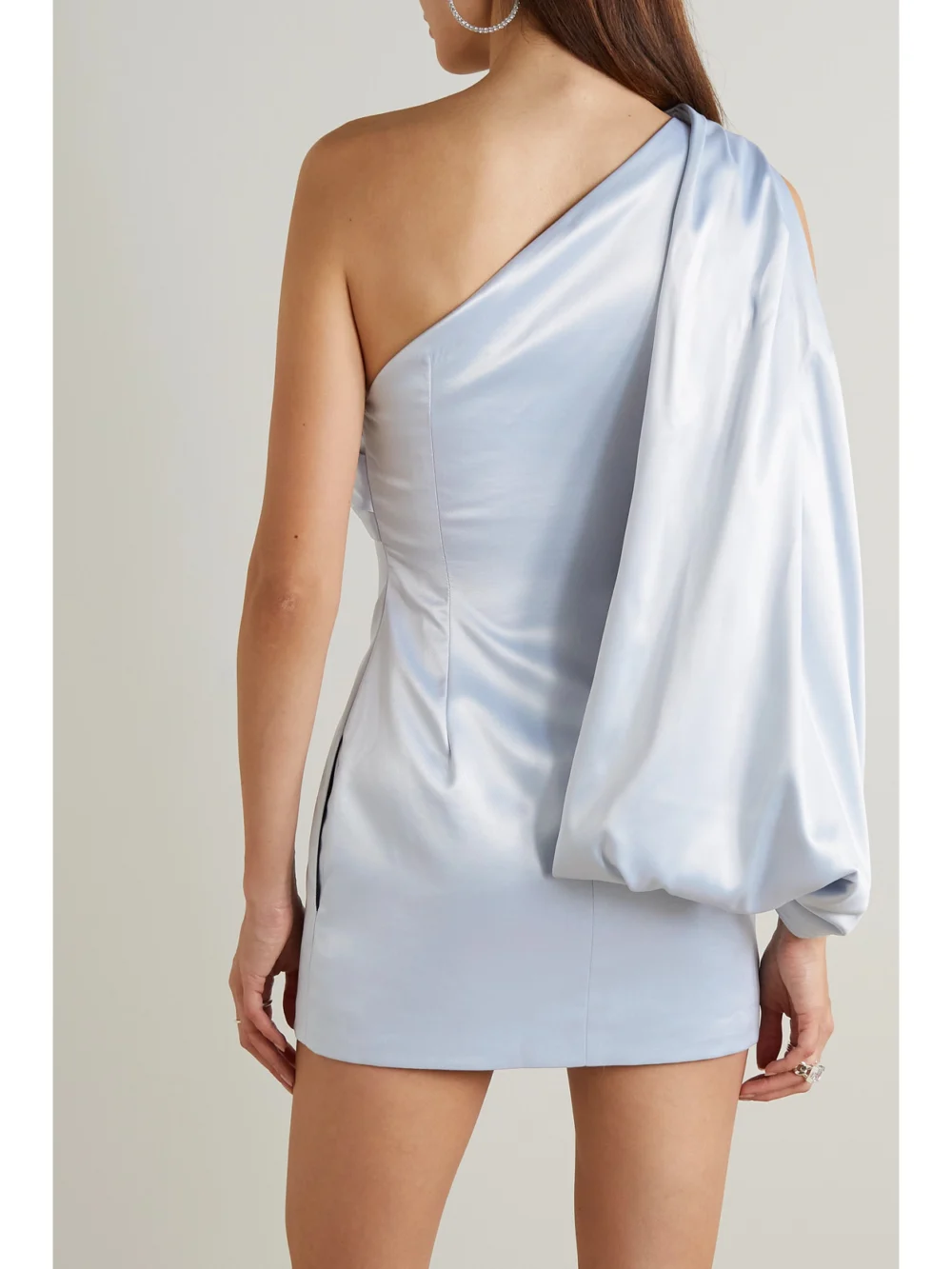 Back view of the 16Arlington Blake One-shoulder Draped Satin Mini Dress