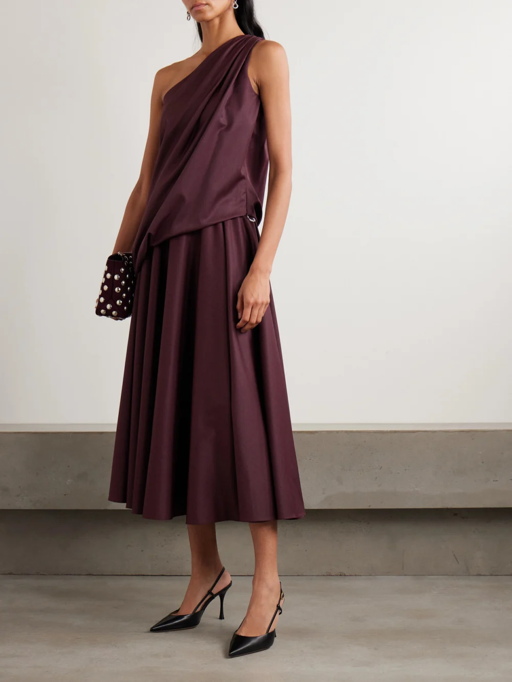 Abadia Ayla One-shoulder Draped Wool-blend Twill Top, worn by a model