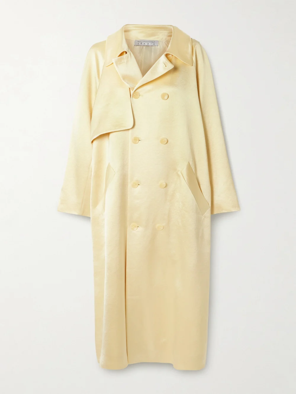 Abadia Double-breasted Satin-twill Trench Coat in pastel yellow