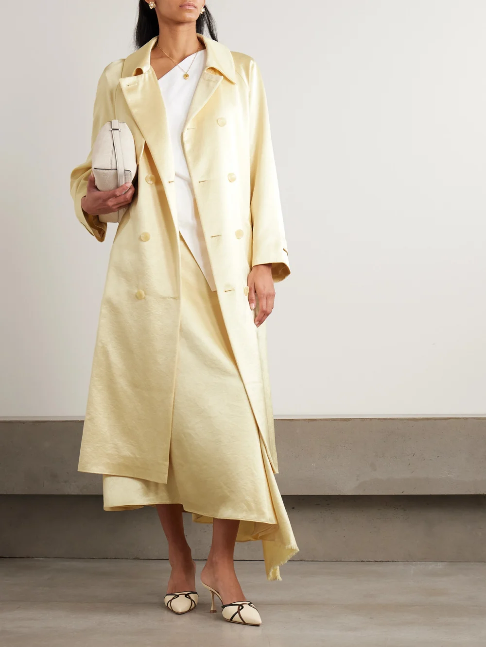 Abadia Double-breasted Satin-twill Trench Coat, worn by a model