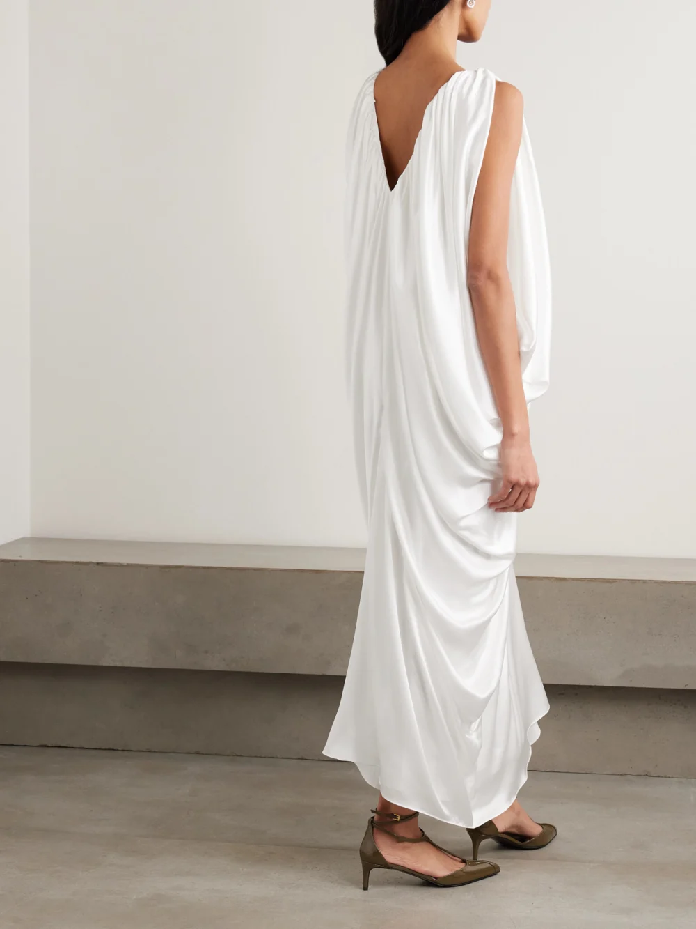 Back view of the Abadia Draped Gathered Silk-satin Gown