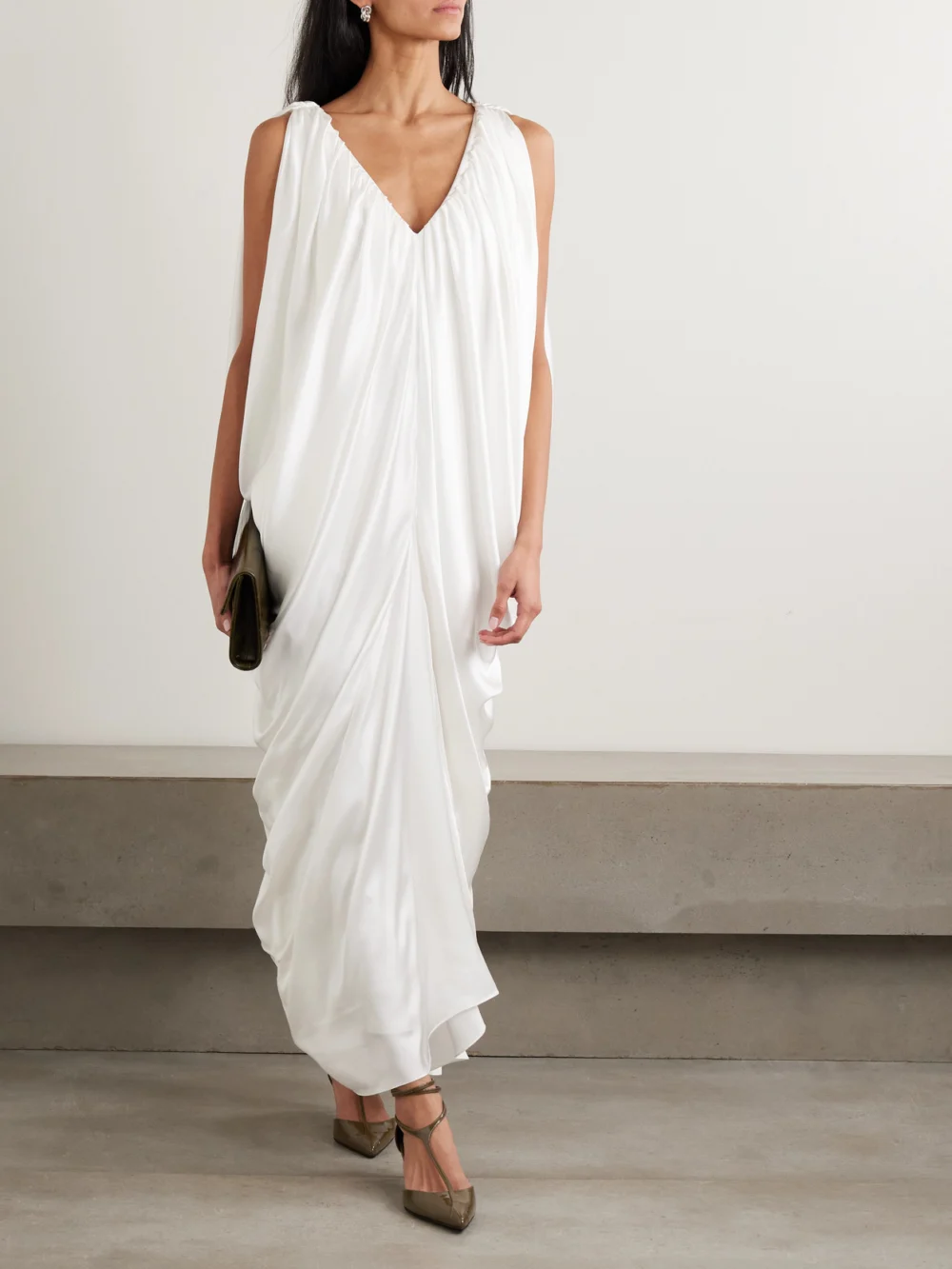 Abadia Draped Gathered Silk-satin Gown, worn by a model