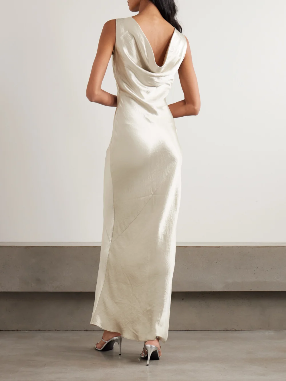 Back view of the Abadia Draped Hammered-satin Gown