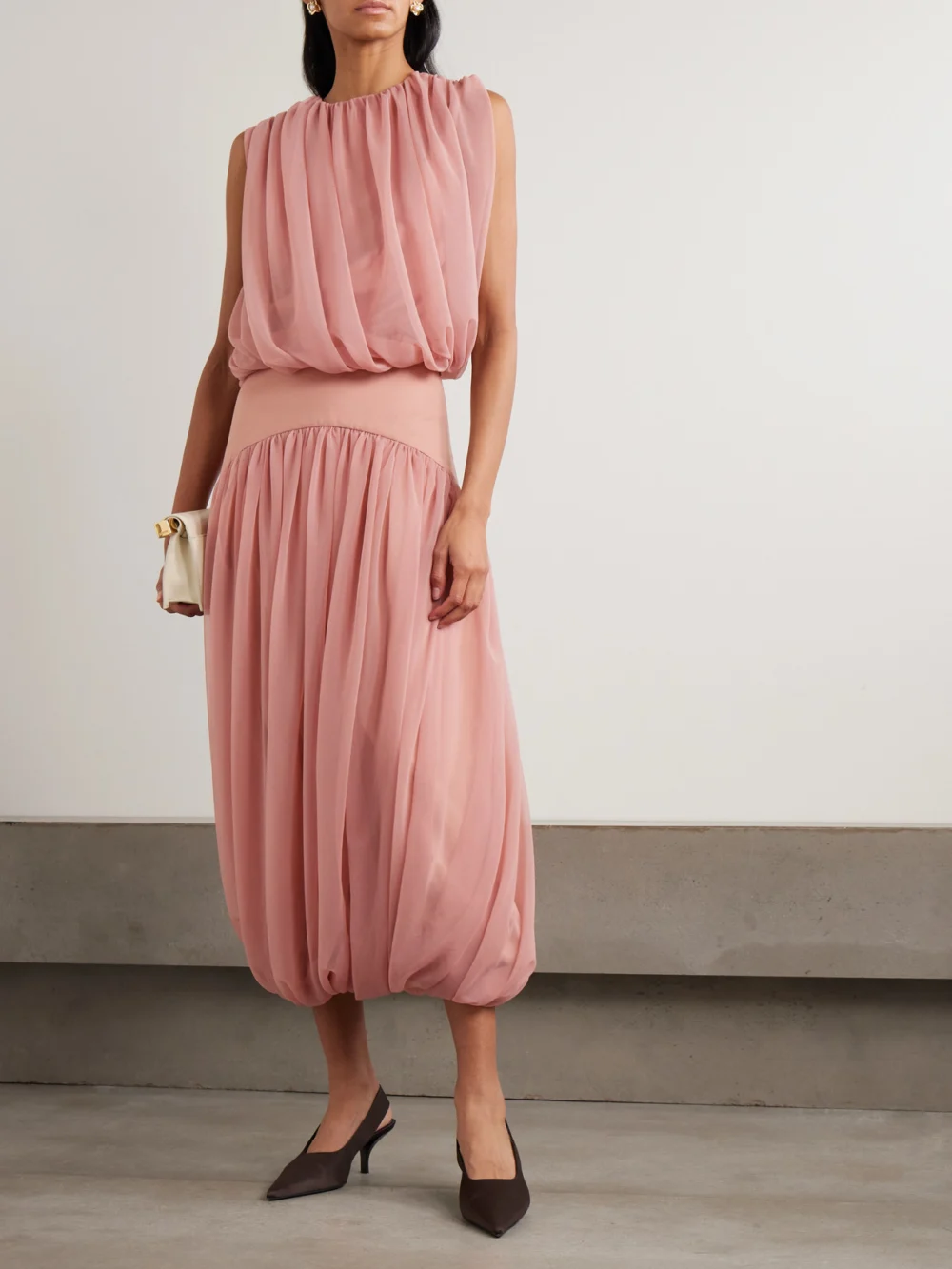 Abadia Paneled Gathered Twill and Chiffon Maxi Skirt, worn by a model