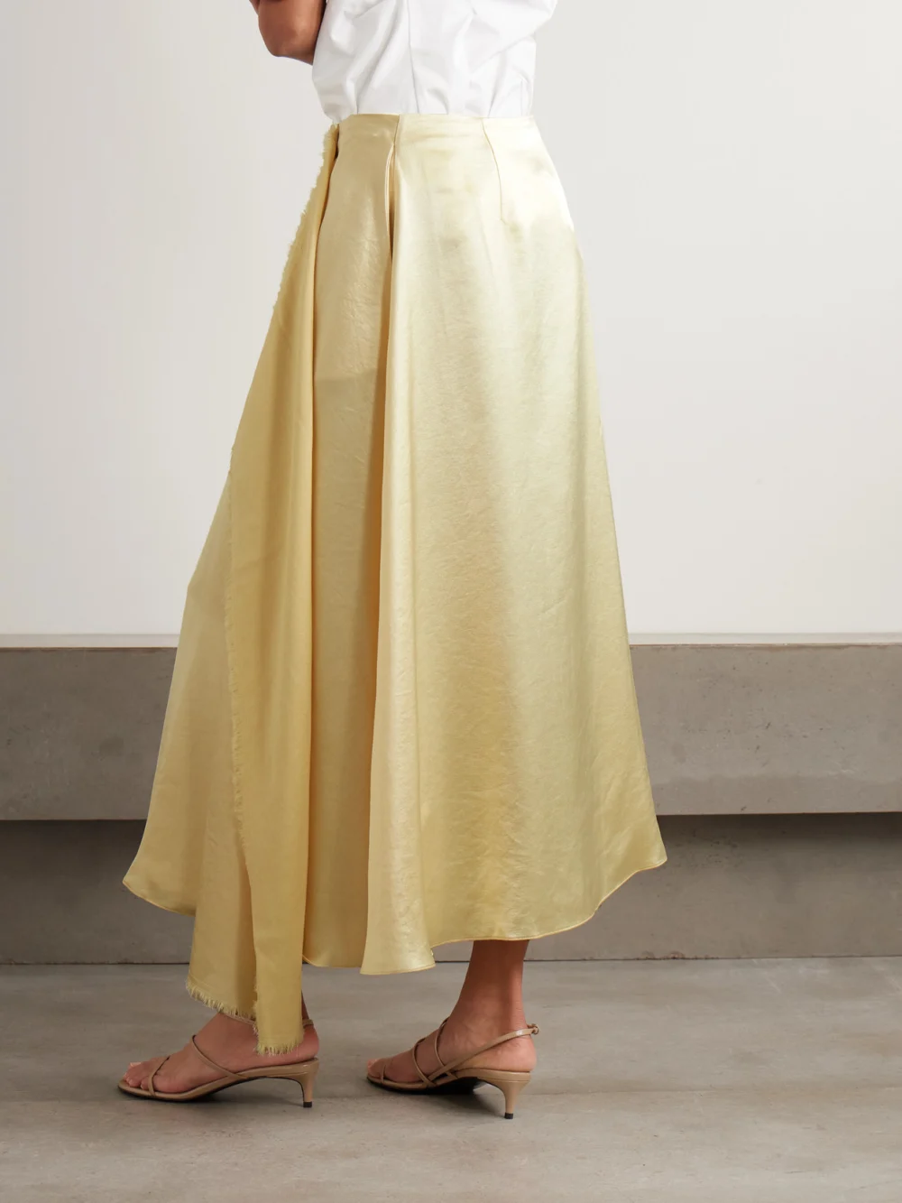 Back view of the Abadia Verlap Draped Frayed Dupioni Wrap Maxi Skirt