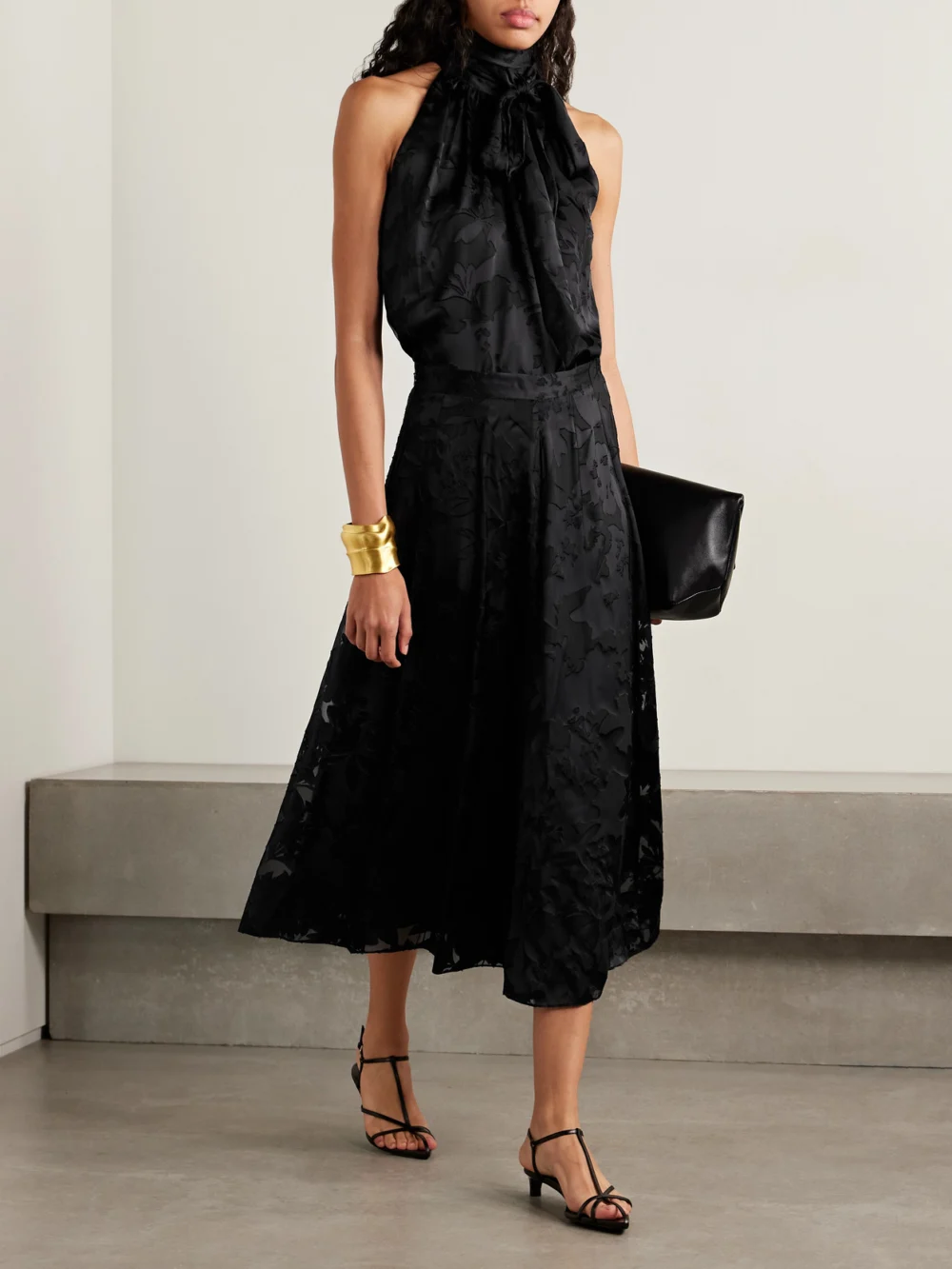 Adam Lippes Giulia Devoré-satin Halterneck Top, worn by a model