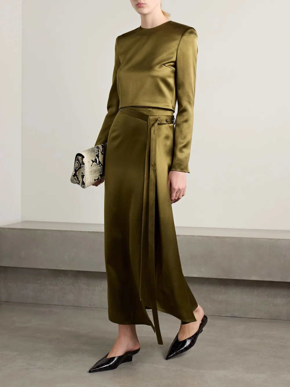 Adam Lippes Keira Cropped Silk-charmeuse Top, worn by a model